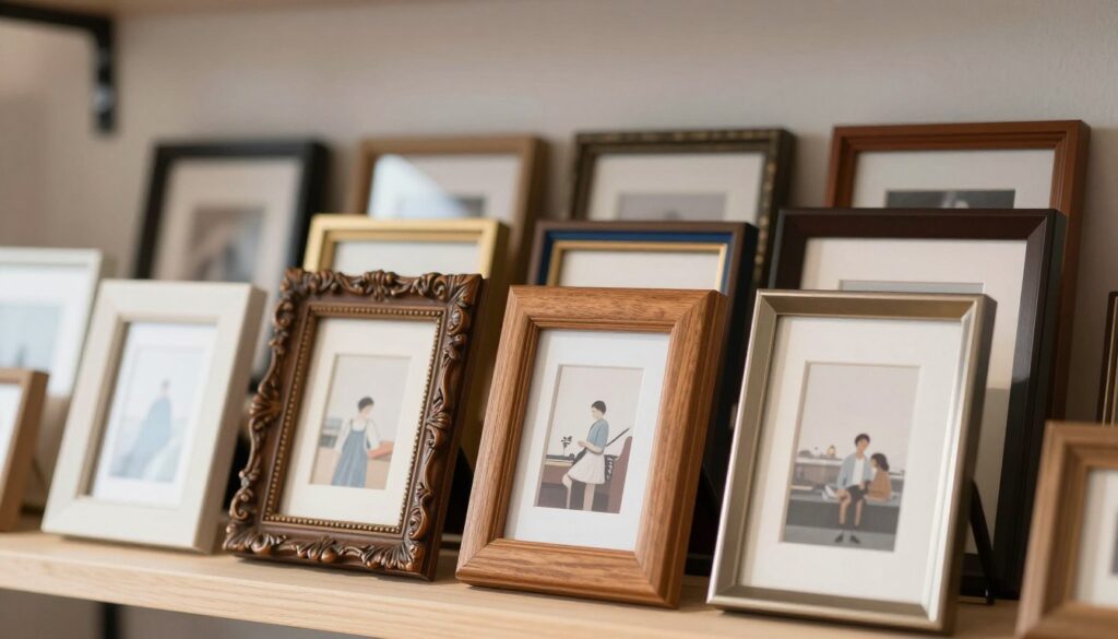 A beautifully arranged display of various picture framing options, showcasing both custom and ready-made frames. In the foreground, feature an elegant wooden frame with intricate carvings, alongside a sleek modern metal frame, both highlighting artwork inside. The middle ground includes several other framing styles, such as vintage, minimalist, and colorful options. The background should have a soft, blurred wall with neutral tones, suggesting a cozy gallery environment. Warm, natural lighting illuminates the frames, creating inviting shadows that enhance their textures. The overall mood should convey sophistication and artistry, reflecting the essence of "The Print Shop" as a go-to for framing solutions.