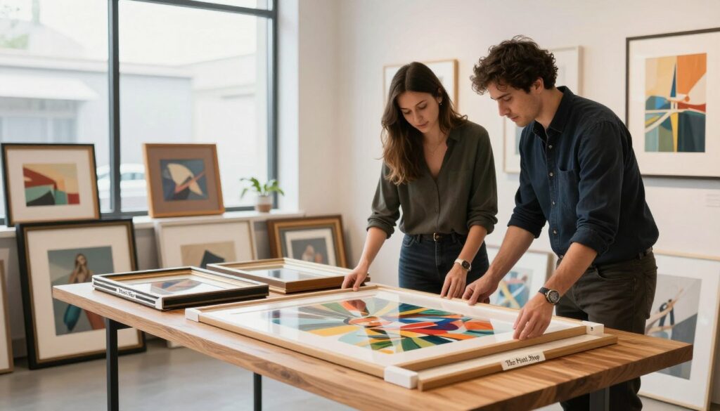 A beautifully arranged scene of professional art framing in a well-lit gallery setting. In the foreground, a pair of skilled artisans, dressed in smart-casual attire, carefully handle a stunning piece of printed artwork surrounded by elegant frames from "The Print Shop". The middle ground features various styles of high-quality frames displayed on a sleek wooden table, showcasing both modern and classic designs. Soft natural light filters through large windows, illuminating the textures of the frames and the vibrant colors of the artwork. In the background, a gallery wall displays framed pieces that range from abstract to realistic, creating a sophisticated atmosphere. The mood is focused and inspiring, emphasizing the value of quality framing for enhancing artwork.