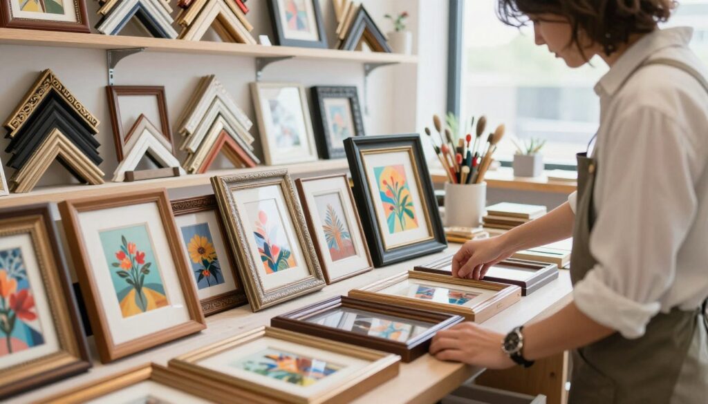 A beautifully arranged scene showcasing custom picture framing at "The Print Shop". In the foreground, a skilled craftsperson, dressed in a smart casual outfit, carefully adjusts a variety of exquisite custom frames made of different materials—wood, metal, and ornate designs. Each frame holds vibrant artwork and photographs, illustrating the versatility of custom framing. In the middle ground, shelves display an array of ready-made frames, clearly contrasting the uniqueness of custom options. The background features a bright, inviting workshop filled with natural light streaming through large windows, illuminating the textures and details of the frames. The atmosphere is warm and creative, evoking a sense of artistry and craftsmanship. The camera angle is slightly elevated, capturing the entire composition while focusing on the craftsperson’s meticulous work.