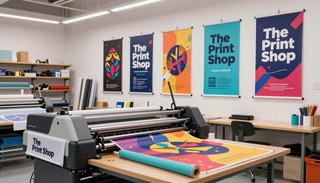 A busy, modern printing studio featuring "The Print Shop" logo prominently displayed. In the foreground, a professional printer adjusts a high-quality banner printing machine, surrounded by vibrant, colorful banners rolled out on tables. In the middle, various finished banners showcasing different designs—bold graphics, eye-catching colors, and clear layouts—are hung on the wall or displayed on easels, representing diverse events and promotions. The background reveals shelves stocked with various printing materials and tools, with soft, bright lighting illuminating the scene. The atmosphere is energetic and focused, showcasing creativity and professionalism in banner design, ideal for drawing attention at events.