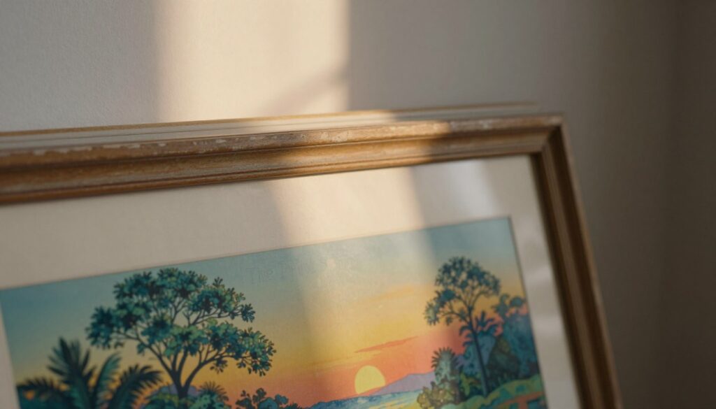 A close-up of a partially faded art print from "The Print Shop" leaning against a wall in a softly lit room. The foreground showcases the print, with vibrant colors beginning to lose their saturation, depicting a serene landscape with intricate details of trees and a sunset. The middle layer includes a gently worn wooden frame that has gathered dust, signifying age and neglect, while the background features warm, diffused lighting filtering through a window, casting soft shadows. The atmosphere is melancholic yet peaceful, evoking the fragility of unprotected art. The image should emphasize the contrast between the still vivid colors and the fading sections, highlighting the vulnerability of prints to light damage. Use a shallow depth of field to focus on the print while softly blurring the background for a dreamy effect.