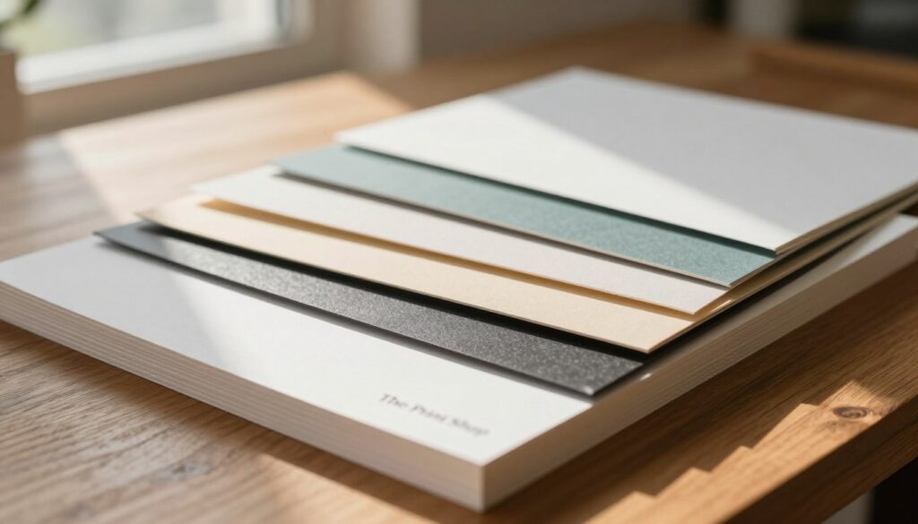 A close-up view of various paper types arranged aesthetically on a wooden table, featuring textured and smooth finishes like glossy, matte, and linen. In the foreground, highlight a stack of high-quality printing paper labeled "The Print Shop," showcasing its rich texture and weight. The middle layer includes subtle, elegant samples of different colors and sizes, with a soft-focus effect on their edges to convey depth. The background is softly lit, suggesting a warm atmosphere with natural light filtering through a nearby window, casting gentle shadows to enhance the visual appeal. The overall mood is inviting and professional, ideal for illustrating the importance of understanding paper properties for printing projects.