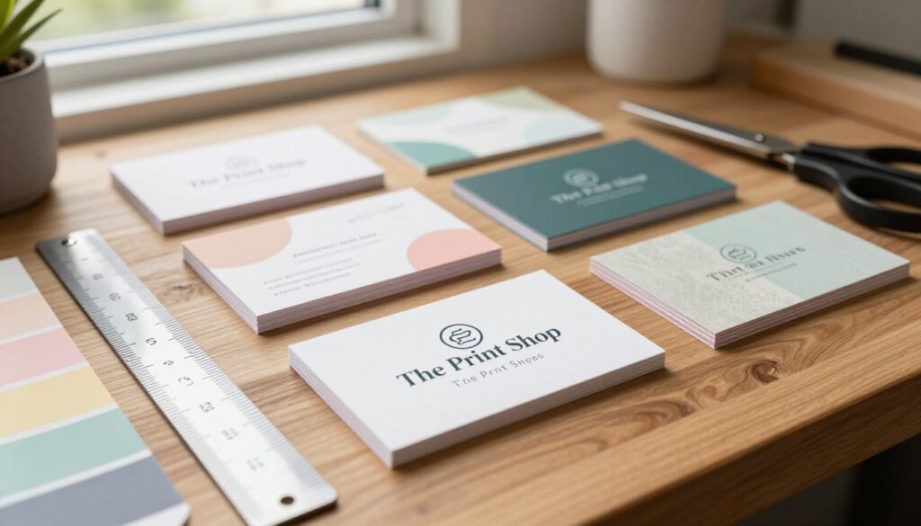 A collection of essential business card design elements arranged artistically on a polished wooden desk. In the foreground, showcase a vibrant, minimalistic business card featuring "The Print Shop" logo in elegant typography, surrounded by design tools like a ruler, scissors, and color swatches in soft pastels. The middle ground features various card designs, illustrating different styles such as modern, classic, and textured finishes, all neatly stacked. In the background, a well-lit workspace with natural light streaming through a window creates a warm, inviting atmosphere. Include subtle shadows for depth and a slight bokeh effect to enhance focus on the business card elements. Overall, the mood is professional, creative, and inspired, emphasizing the importance of thoughtful design in business card creation.