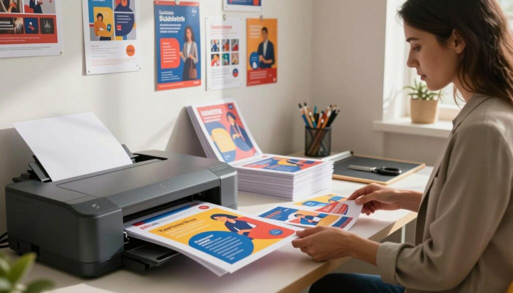 A cozy, inviting workspace showcasing a flyer printing setup. In the foreground, a modern printer is producing colorful flyers featuring eye-catching designs, displaying vibrant hues like red, blue, and yellow. A professional woman in business attire reviews the flyers, her expression focused and thoughtful. In the middle, neatly stacked flyers are arranged beside the printer, with a cutting mat and scissors for trimming. The background features a wall adorned with successful flyer campaigns, showcasing different designs and styles. Soft, diffused natural light streams in from a nearby window, casting gentle shadows and creating a warm, productive atmosphere. The scene embodies creativity and planning, perfect for a successful flyer campaign. Include the brand name "The Print Shop" subtly on one of the flyers.