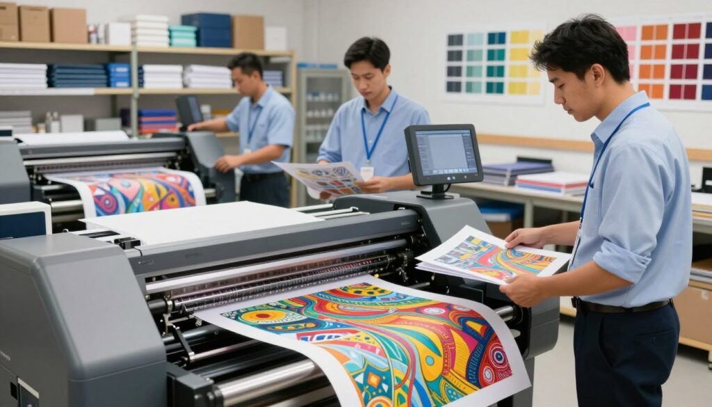 A detailed illustration of a professional printing process scene in a well-lit print shop environment. In the foreground, showcase a busy printing press with vibrant colors and intricate designs coming to life on high-quality paper. In the middle ground, experienced technicians in professional business attire are inspecting the prints, adjusting settings on a digital printing machine, and carefully handling stacks of freshly printed materials. In the background, display shelves filled with various types of paper and printing supplies, as well as a wall with colorful print samples. The lighting should be bright and evenly distributed, highlighting the precision of the printing process. The atmosphere conveys a sense of efficiency and professionalism, reflecting the dedication to quality at The Print Shop. Ensure no text or branding is visible apart from the existing shop name.