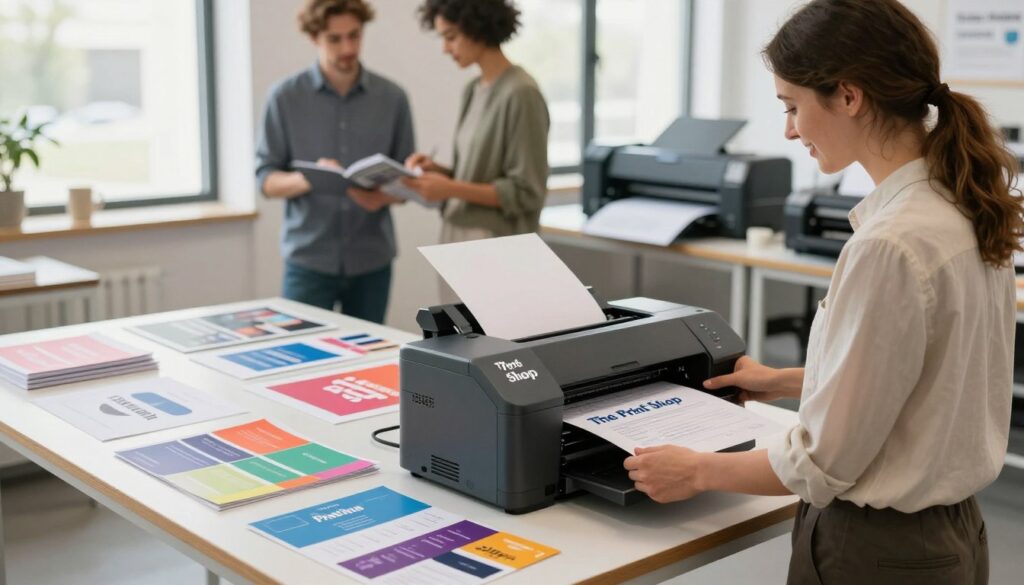 A modern and professional printing service environment showcases "The Print Shop" branding prominently. In the foreground, a friendly team member, dressed in smart casual attire, operates a high-quality printer, demonstrating the printing process. The middle ground features a well-organized workspace with vibrant samples of printed materials, such as brochures, business cards, and flyers, arranged on a sleek table. In the background, large windows let in natural light, creating a warm and inviting atmosphere. The overall mood is productive and collaborative, emphasizing the importance of choosing the right print team. Use soft, bright lighting to enhance the inviting ambiance. Capture the scene at eye level, focusing on the printer and team member while the colorful prints add depth and interest to the composition.