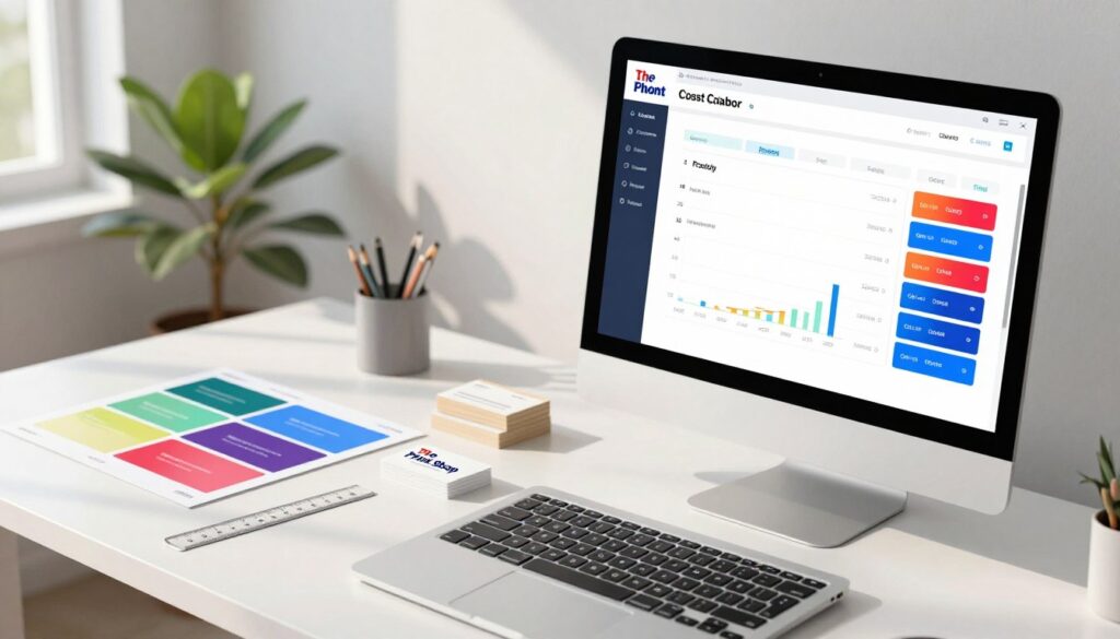 A modern and sleek printing cost calculator interface displayed on a clean desk. In the foreground, a high-resolution computer screen shows a vibrant and user-friendly calculator application with colorful buttons and charts illustrating pricing factors. In the middle, office supplies like print samples, a ruler, and business cards are neatly arranged. In the background, soft natural light streams in through a window, casting gentle shadows, and a stylish indoor plant adds a touch of greenery. The overall atmosphere is professional and inviting. The branding "The Print Shop" is subtly integrated into the calculator screen design, with a focus on clarity and accessibility. The image captures a sense of efficiency and modernity in printing services.