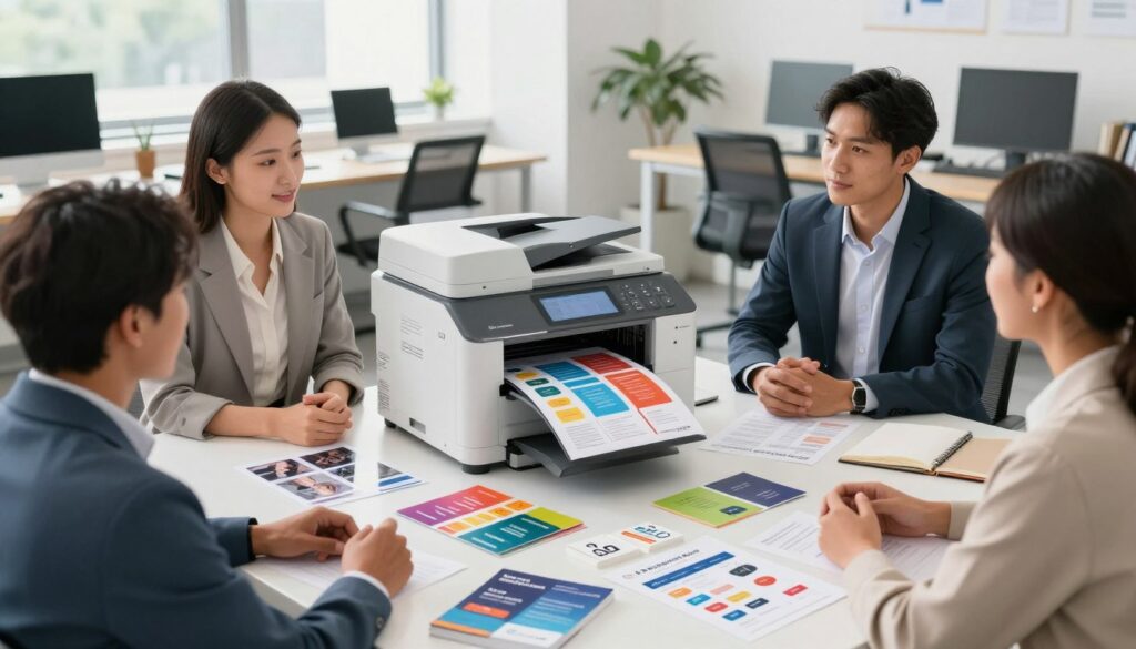 A modern office environment designed to illustrate "finding the right printer for your needs." In the foreground, a diverse group of professionals, dressed in smart business attire, engaged in a discussion around a table filled with colorful print samples showcasing brochures, business cards, and flyers. In the middle, a sleek printer labeled "The Print Shop" with vibrant prints emerging from it, representing different products tailored for various printing needs. The background features a well-organized office with bright natural light streaming through large windows, enhancing the atmosphere of collaboration and innovation. The overall mood is professional, informative, and inviting, conveying the essence of understanding and fulfilling printing requirements effectively. The angle is slightly elevated to capture both the participants and the printer prominently.
