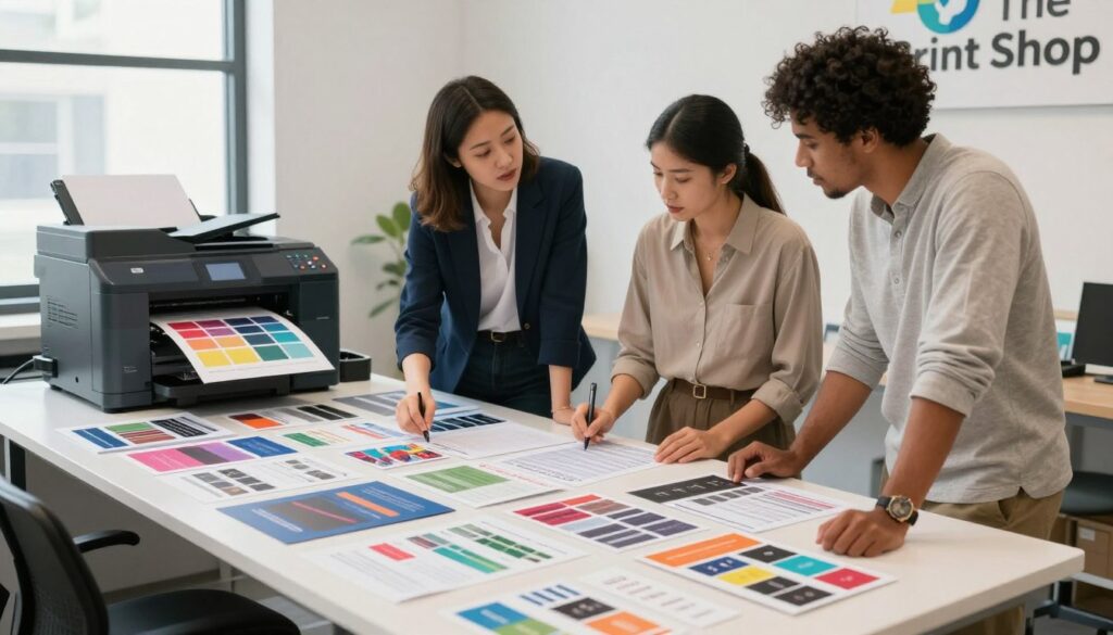 A modern print service office scene featuring a diverse team of three individuals—two in professional business attire and one in modest casual clothing—engaged in a collaborative discussion over a large assortment of print materials, such as brochures, flyers, and business cards. In the foreground, a large table is cluttered with vibrant samples and printing specifications, while a sleek printer operates in the background, showing vivid colors in action. Soft, natural lighting filters through large windows, creating an inviting and productive atmosphere. The mood is focused and professional, with a subtle sense of creativity. The logo "The Print Shop" is subtly integrated into the decor on the wall behind the team, promoting a sense of identity and purpose in the workspace.