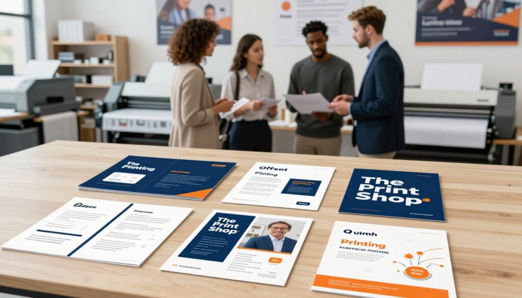 A professional and informative scene depicting a comparison of various printing services. In the foreground, showcase a neatly organized table with high-quality printed samples, including business cards, brochures, flyers, and banners, all labeled with their respective service names such as "Digital Printing," "Offset Printing," and "Large Format Printing." In the middle ground, include a small group of diverse business professionals, casually discussing the printed materials, all dressed in smart business attire. The background should feature a well-lit, modern office environment with shelves displaying different printing machines and large posters. Soft, natural lighting enhances the atmosphere, creating an inviting and productive space. Emphasize the brand name "The Print Shop" subtly integrated into the design of one of the printed samples without text overlays.