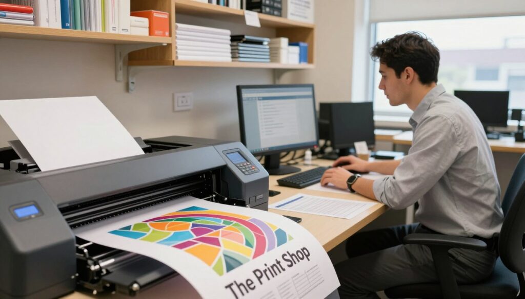 A professional printing workspace at "The Print Shop," showcasing an organized print order processing area. In the foreground, a detailed close-up of a digital printer in action, with vibrant colors emerging from the paper. In the middle, a focused professional wearing business attire is reviewing print specs on a computer screen, with order forms neatly arranged beside them. The background features shelves stocked with various paper types and printing materials, illuminated by soft, natural lighting coming from a window. The atmosphere is busy yet calm, reflecting a sense of dedication and efficiency in handling print orders. The lens captures the scene with a slight depth of field, emphasizing the printer and the professional, while the colors are bright and warm, evoking a productive ambiance.