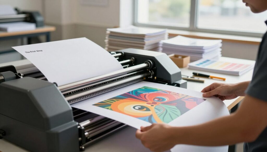 A professional printing workspace at "The Print Shop," showcasing the intricate process of printing. In the foreground, a skilled printer operates a high-end printing press, meticulously aligning vibrant, large sheets of paper. The middle ground features a well-organized workspace with stacks of printed materials, color swatches, and tools laid out methodically. In the background, natural light streams through large windows, illuminating the space and casting soft shadows, creating an inviting atmosphere. The scene should evoke a sense of professionalism and attention to detail, highlighting the precision and artistry involved in the printing process. Use a shallow depth of field to focus on the printer’s hands and the press, ensuring the image captures the essence of a dedicated printing environment.