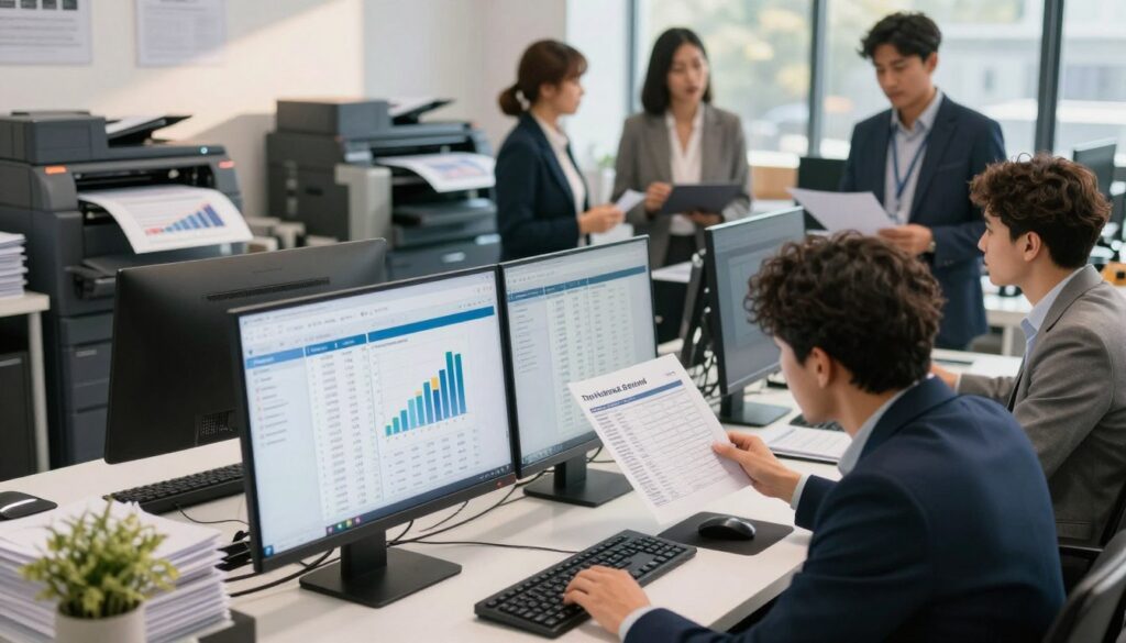 A professional setting showcasing a modern printing service office, emphasizing the concept of printing costs. In the foreground, a sleek computer workstation displaying various print materials and graphs that illustrate pricing trends. In the middle ground, a diverse group of business professionals in formal attire engaged in discussion, analyzing a printed cost sheet. In the background, high-quality printers and stacks of printed materials create a vibrant atmosphere. Warm, natural lighting illuminates the space, casting soft shadows for depth. The overall mood should be informative and engaging, reflecting an industrious and modern approach to printing services. Include the brand name "The Print Shop" subtly integrated into the office decor.