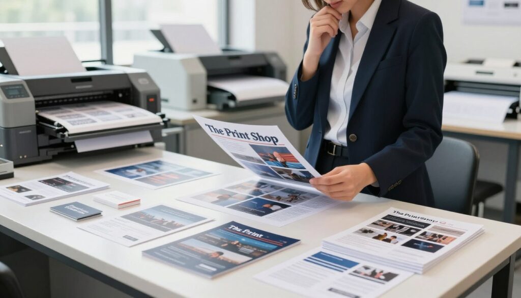 A professional workspace showcasing "The Print Shop" as a central element in the scene. In the foreground, a clean and organized desk featuring a variety of printed materials, such as brochures, business cards, and flyers, arranged neatly. The middle ground exhibits a person in professional business attire, examining a high-quality sample print, with a look of thoughtful consideration. A variety of printing machines in the background, including an offset printer and a digital printer, illuminated by bright, natural light streaming through large windows, creating an inviting and focused atmosphere. The overall mood should be one of professionalism and clarity, emphasizing the importance of choosing the right printing services tailored to business needs.