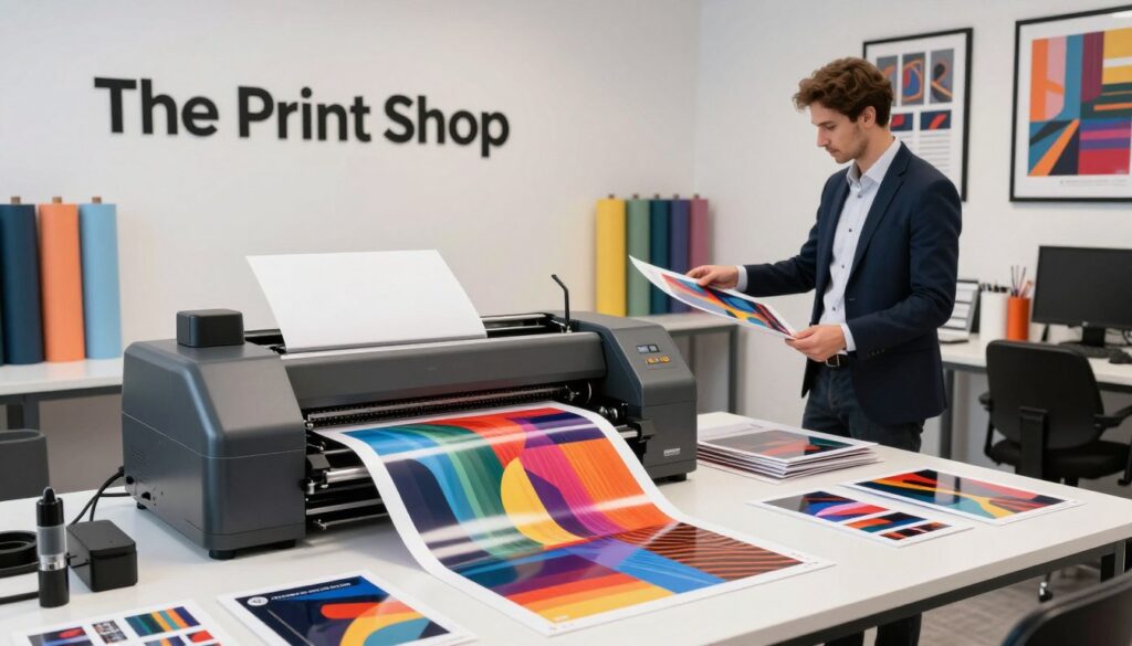 A sleek and modern printing service office featuring "The Print Shop" logo prominently displayed on a wall. In the foreground, a professional printing machine is in action, producing vibrant, high-quality posters with rich colors and sharp details. Set the scene with a well-organized workspace, showcasing a neatly arranged table with various printed materials like glossy posters, samples, and design tools. In the middle ground, a skilled technician in smart business attire inspects a freshly printed poster, showcasing attention to detail and professionalism. The background features colorful rolls of high-quality paper and framed poster designs hung on the walls, emphasizing creativity and expertise. Soft, natural lighting illuminates the space to create an inviting and professional atmosphere.