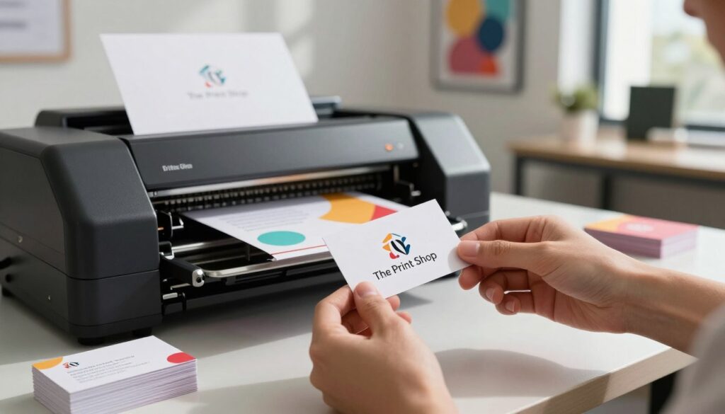 A sleek, modern workspace showcasing the process of professional business card printing. In the foreground, a designer carefully inspects a freshly printed business card featuring elegant typography and vibrant colors, highlighting its clean design. The middle ground displays a printing machine meticulously producing high-quality cards, with stacks of finished cards on a nearby table. The background features a soft-focus office environment with motivational artwork and subtle lighting that creates a professional yet inviting atmosphere. Natural light filters through large windows, casting soft shadows, enhancing the mood. The scene emphasizes the significance of well-designed business cards, with "The Print Shop" logo subtly incorporated into the design elements.