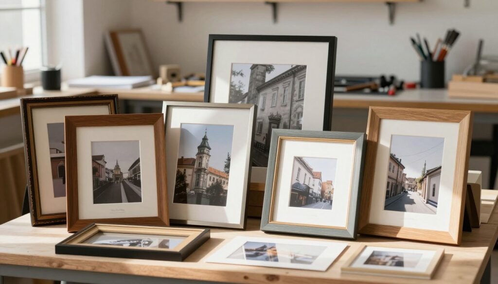 A stylish display of custom framing options for photos, posters, and prints, featuring various frame styles such as modern, vintage, and ornate. In the foreground, elegant wooden and metal frames are artistically arranged, showcasing different matting options and colors. The middle layer includes a beautifully printed art piece partially framed, highlighting how the frame accentuates the artwork. The background features a soft-focus workshop with tools and materials, enhancing the crafting aspect. Natural lighting streams through a nearby window, casting soft shadows and creating a warm, inviting atmosphere. The scene is professional and polished, evoking a sense of craftsmanship and creativity. Include branding for "The Print Shop" subtly integrated into the background elements.