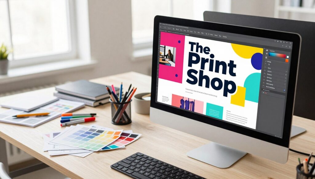 A vibrant and engaging banner design concept featuring essential design principles for eye-catching banners. In the foreground, display a creative workspace with a large, colorful banner being designed on a computer screen, showcasing an array of bold fonts, vibrant colors, and striking images. In the middle, include a stylish desk cluttered with design tools like markers, sketchbooks, and color swatches. The background should feature a well-lit studio with large windows, allowing natural light to flood in, emphasizing a clean and professional atmosphere. Use a slight overhead angle to capture the bustling energy of the creative process. Mood conveys excitement and innovation, suitable for an audience eager to learn about effective banner design. The banner in focus should include the brand name "The Print Shop" prominently in an appealing style.