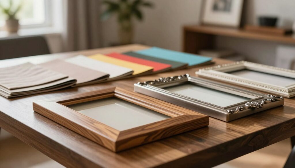 A visually appealing tableau showcasing various frame materials and their characteristics, ideal for understanding how to choose the right frame. In the foreground, an elegant wooden frame with a rich grain texture, a sleek metal frame with a brushed finish, and a ornate plastic frame with intricate designs. The middle ground features swatches of fabric and colorful paper that highlight framing options, arranged neatly on a polished table. The background is softly blurred, showcasing a warm, inviting home setting with dim, natural lighting streaming through a window, creating a cozy atmosphere. The mood is professional yet approachable, inviting readers to explore frame materials. The Print Shop logo is subtly integrated into the scene, ensuring no distractions from the main focus.