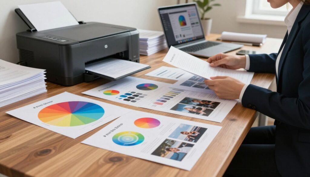 A visually engaging workspace featuring essential print-ready file formats arranged neatly on a polished wooden desk. In the foreground, glossy printouts displaying vibrant color profiles, vector diagrams, and high-resolution images in various sizes. The middle layer shows a professional businessperson dressed in smart attire, examining documents with a concentrated expression. In the background, a modern printer is visible, ready for use, surrounded by organized stacks of paper and design software open on a laptop. Soft, natural lighting illuminates the space, creating a welcoming atmosphere, while a subtle depth of field focuses attention on the print-ready formats. The Print Shop logo is subtly integrated into the design elements in the background, ensuring brand visibility without distraction.