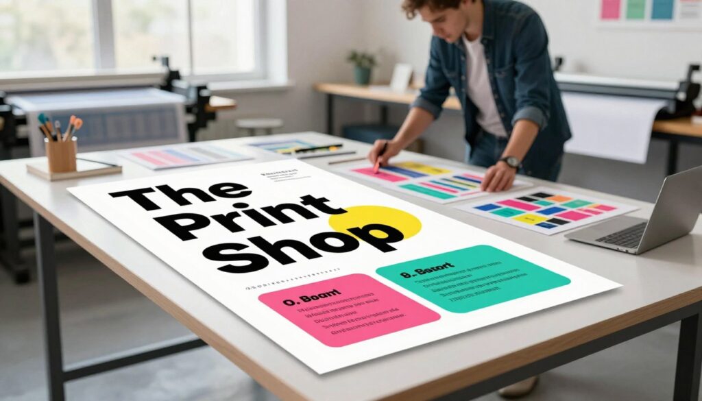 A visually striking flyer design showcasing "The Print Shop" brand, prominently placed in a well-organized, clutter-free workspace. In the foreground, detail vibrant colors and modern typography that draw attention, with bold headings and eye-catching imagery that illustrate key points. The middle ground features a designer thoughtfully reviewing various flyer designs on a sleek modern table, surrounded by print samples and design tools, dressed in professional attire. The background reveals a bright, well-lit print studio with large windows letting in natural light, creating a welcoming atmosphere. Use a shallow depth of field to focus on the flyer while softly blurring the background. The overall mood should be creative and inspiring, emphasizing the importance of effective design to capture attention.