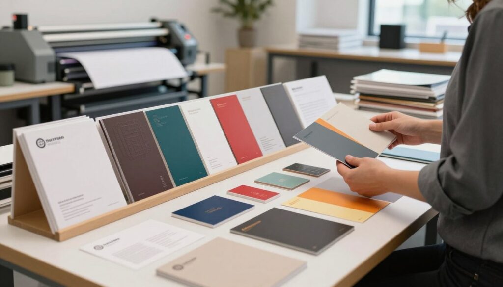 A visually striking workspace featuring an assortment of print finishing options designed by The Print Shop. In the foreground, an elegant display of various print materials, including brochures and business cards, showcasing finishes such as glossy, matte, embossed, and foil accents. The middle ground highlights a professional individual in business attire examining samples under a soft, diffused light, with vibrant colors highlighting each finish. In the background, a well-organized print station with equipment and tools used for applying finishes, surrounded by a warm and inviting atmosphere, resembling a modern printing studio. The image should convey a sense of professionalism and creativity, emphasizing the careful selection of print finishes to enhance project presentation. Aim for a balanced composition with sharp focus and a depth-of-field that draws attention to the materials being examined.