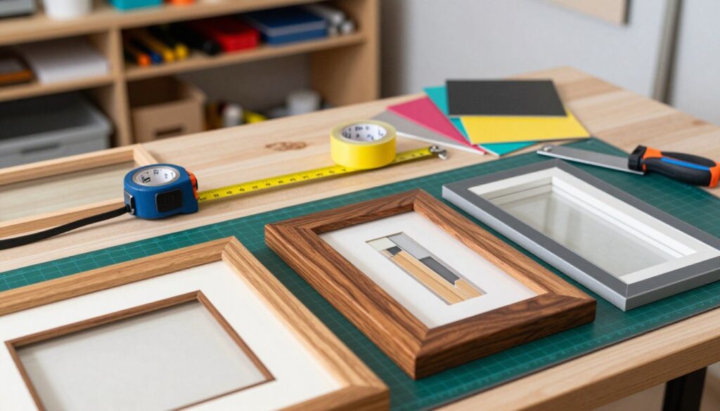 A well-organized workspace showcasing essential DIY picture framing materials, prominently featuring high-quality tools such as a cutting mat, a glass cutter, wooden frames, acid-free mat board, and measuring tools. In the foreground, a neatly arranged set of various frame styles, with rich wood textures and sleek modern finishes. The middle ground displays a tape measure and a roll of vibrant artist's tape, along with scattered corners of mat board in different colors. The background features a softly blurred shelf filled with art supplies, creating an inviting and professional atmosphere. Soft, natural lighting enhances the textures of the materials, casting gentle shadows for depth. The entire composition conveys a sense of creativity and precision, ideal for framing printed artwork from "The Print Shop."